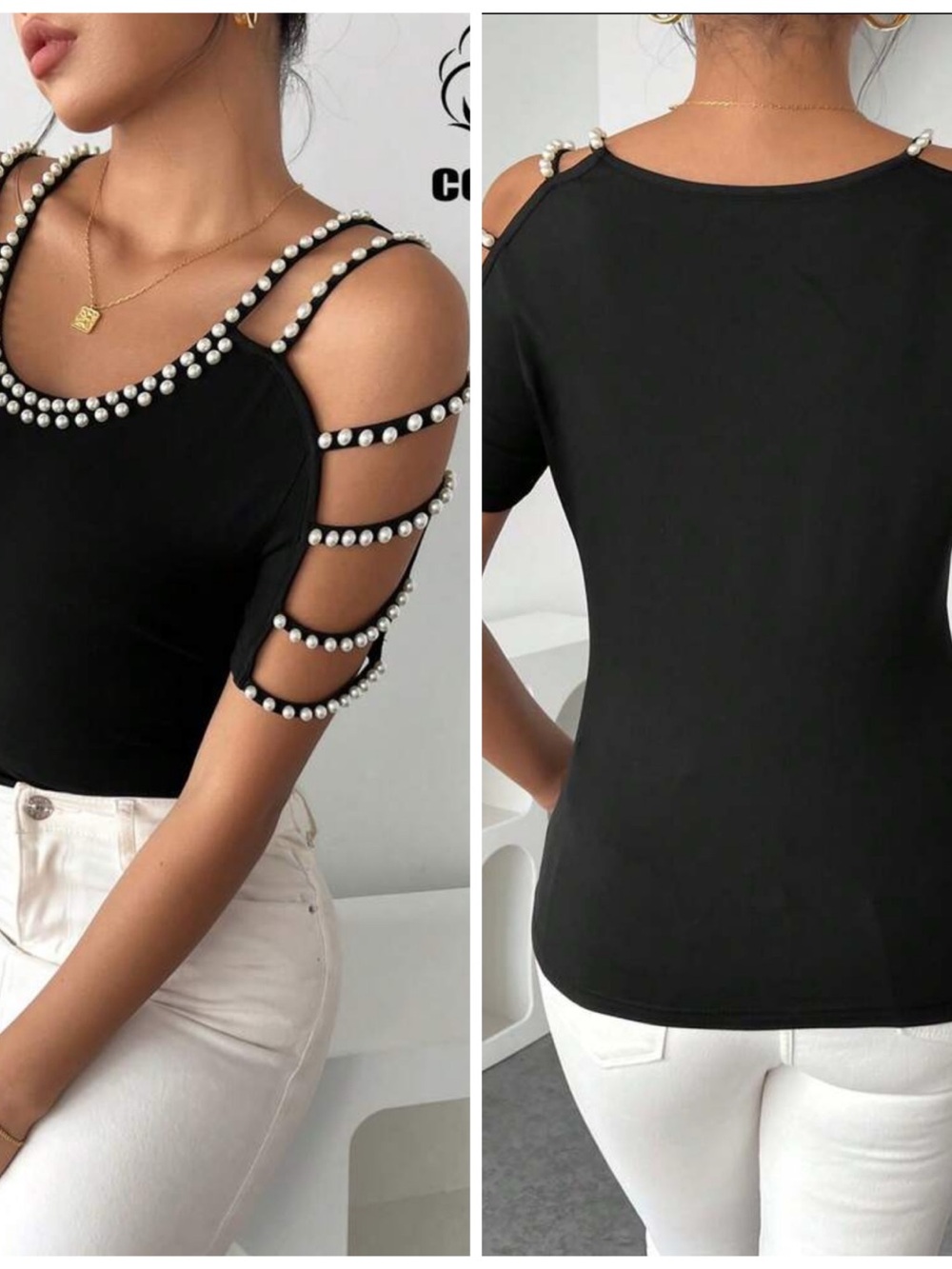 Pearl-Trim Cold Shoulder Black Top